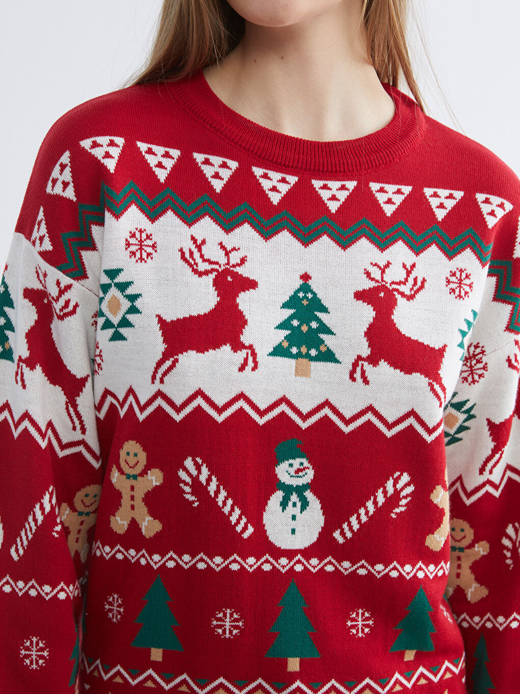 Kırmızı Bisiklet Yaka Yılbaşı Temalı Kadın Triko Kazak-2