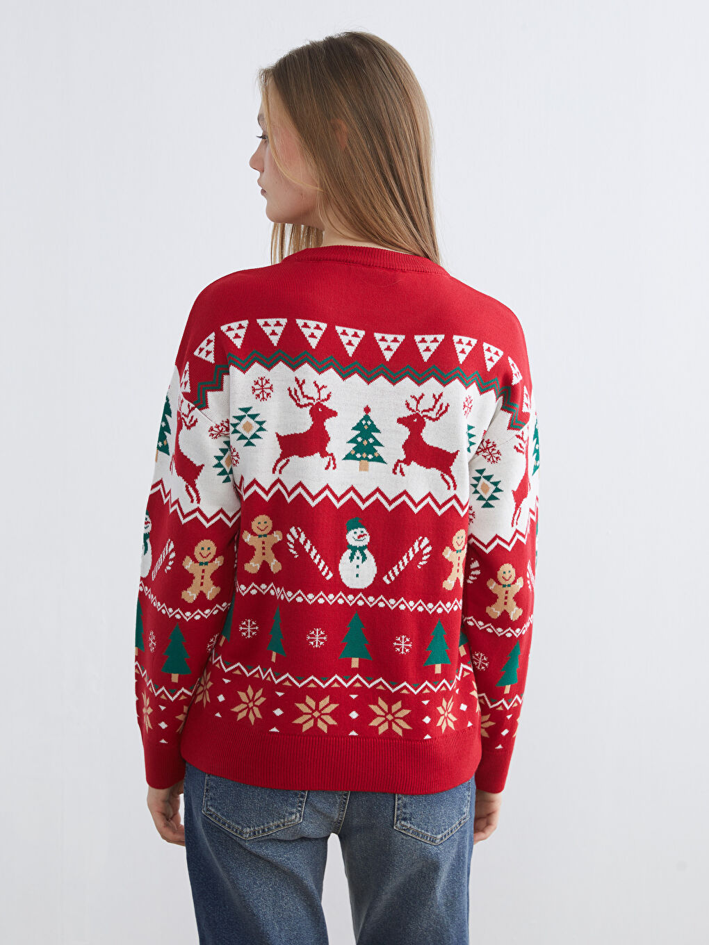 Kırmızı Bisiklet Yaka Yılbaşı Temalı Kadın Triko Kazak-3