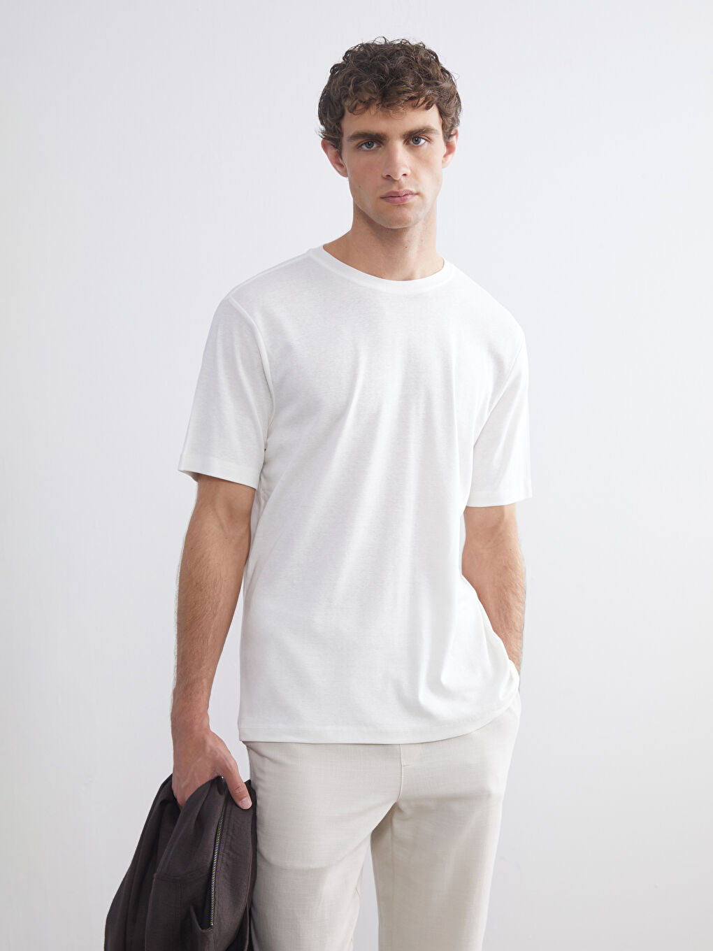 Ekru Bisiklet Yaka Penye Erkek Tişört-2