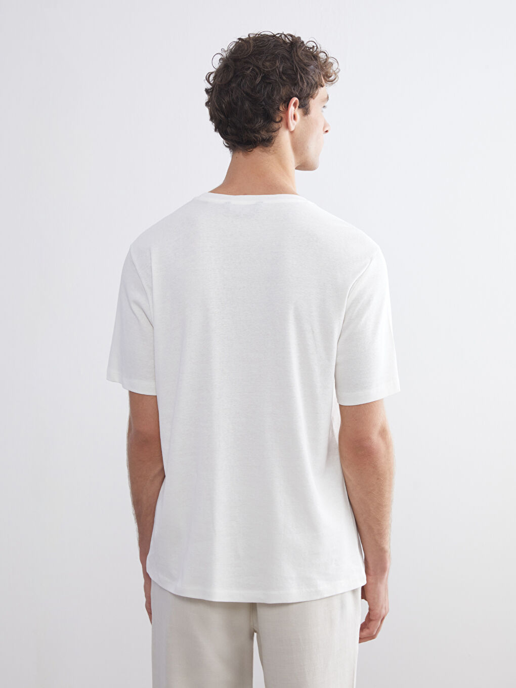 Ekru Bisiklet Yaka Penye Erkek Tişört-3