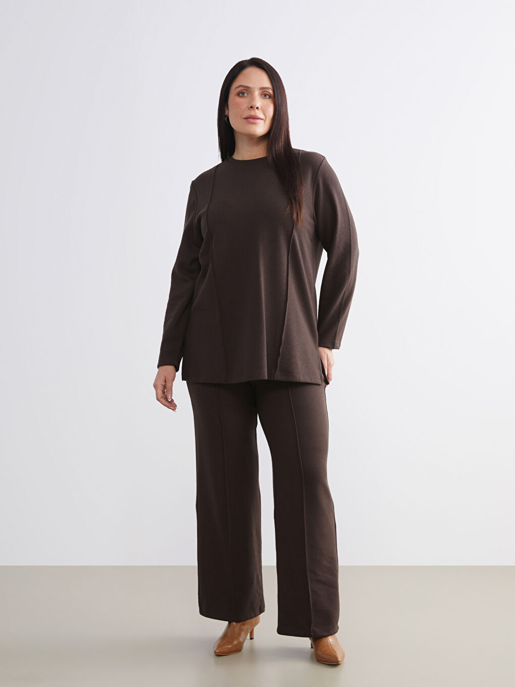 Kahverengi Büyük Beden Bisiklet Yaka Kadın Sweatshirt Tunik-5