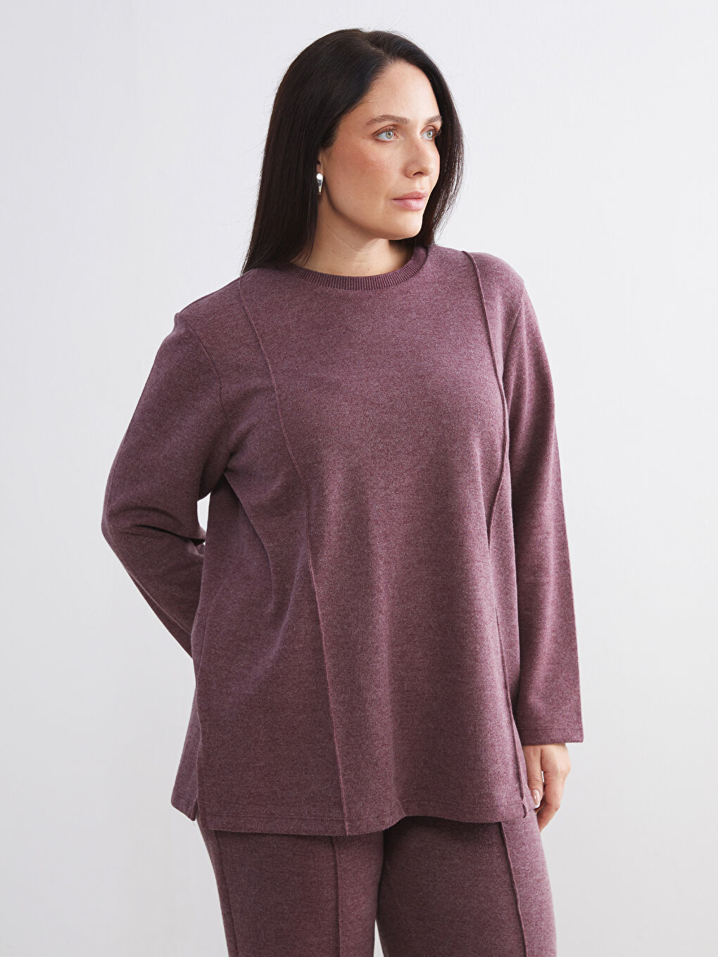 Bordo Büyük Beden Bisiklet Yaka Kadın Sweatshirt Tunik-1