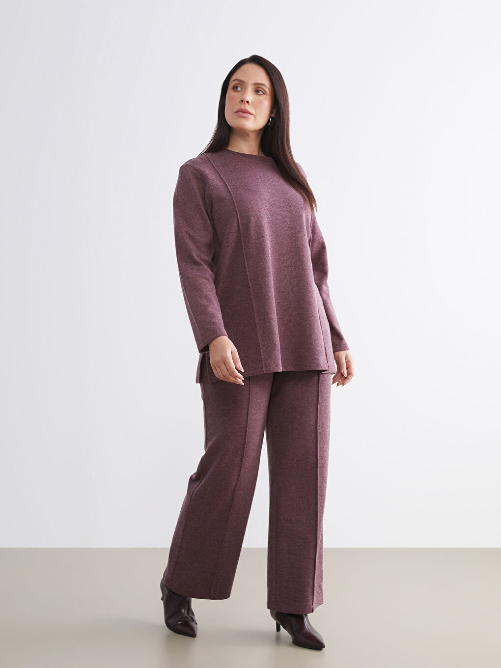 Bordo Büyük Beden Bisiklet Yaka Kadın Sweatshirt Tunik-4