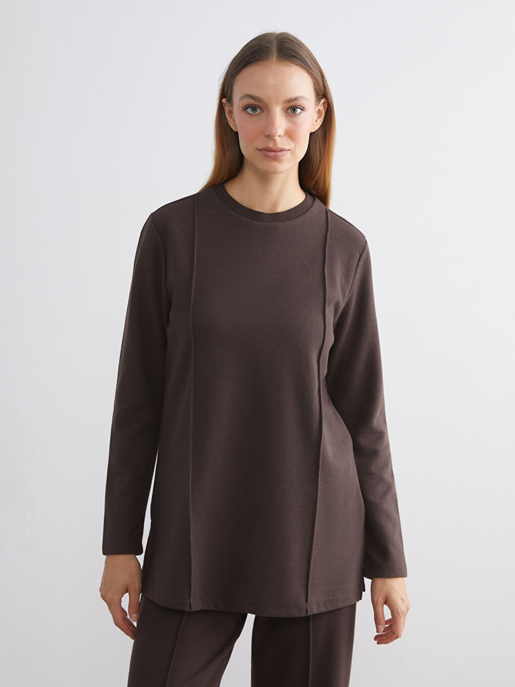 Kahverengi Büyük Beden Bisiklet Yaka Kadın Sweatshirt Tunik