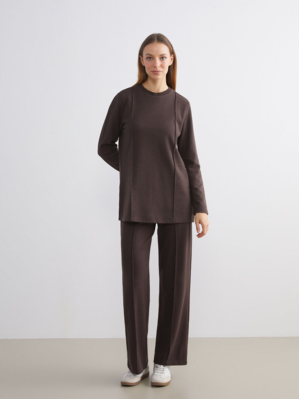 Kahverengi Büyük Beden Bisiklet Yaka Kadın Sweatshirt Tunik-2