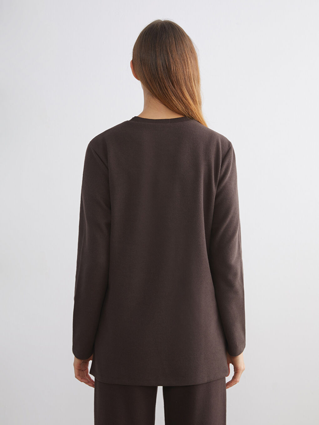 Kahverengi Büyük Beden Bisiklet Yaka Kadın Sweatshirt Tunik-4