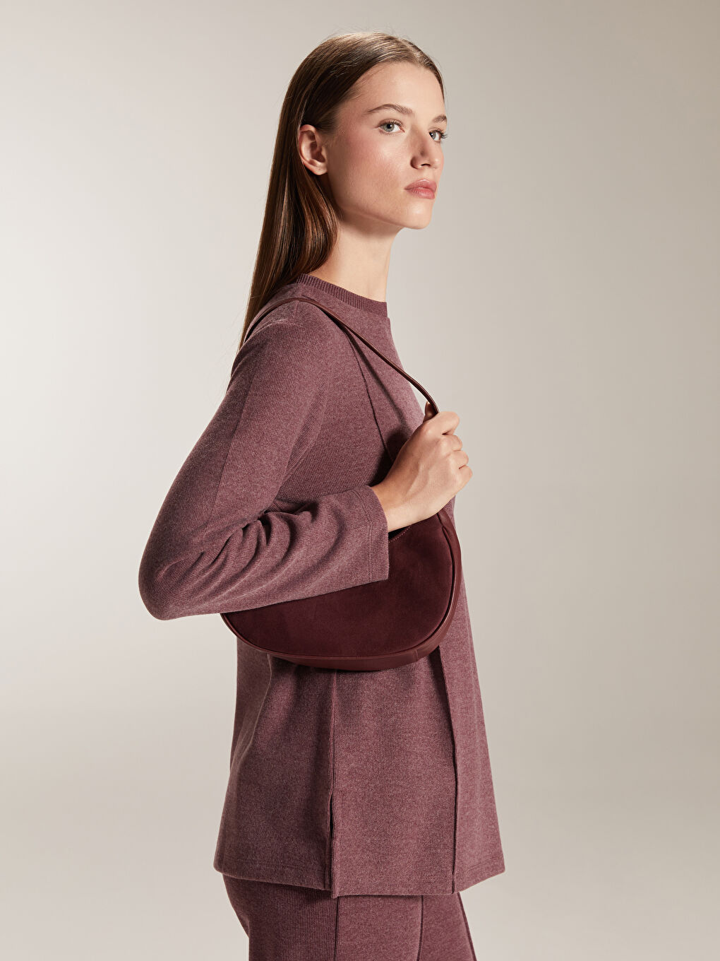 Bordo Büyük Beden Bisiklet Yaka Kadın Sweatshirt Tunik