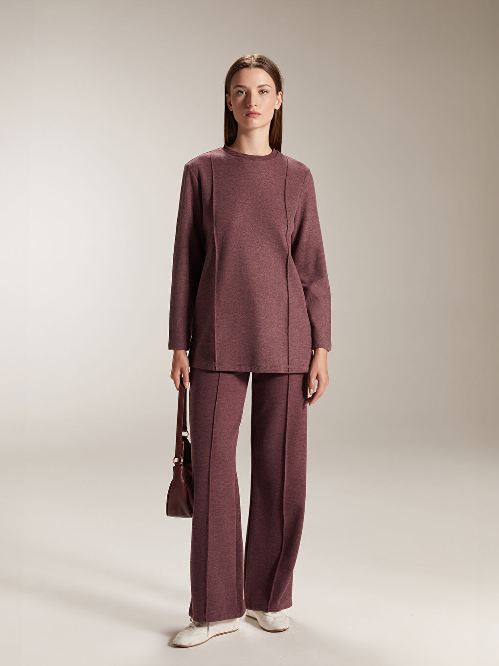 Bordo Büyük Beden Bisiklet Yaka Kadın Sweatshirt Tunik-2