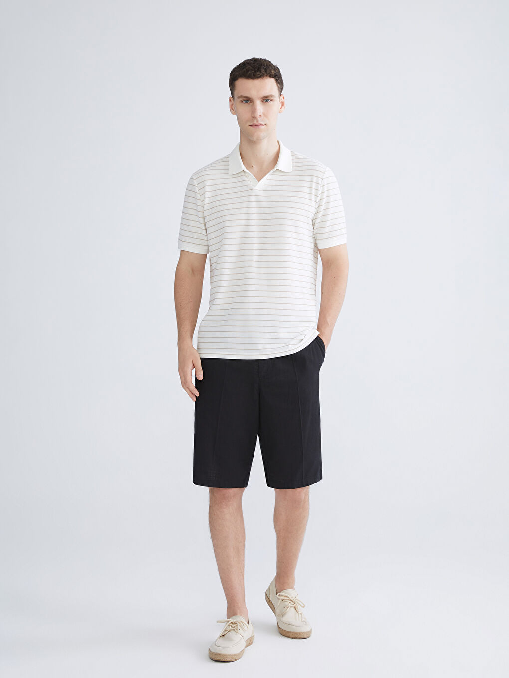 Bej Polo Yaka Çizgili Erkek Tişört-1