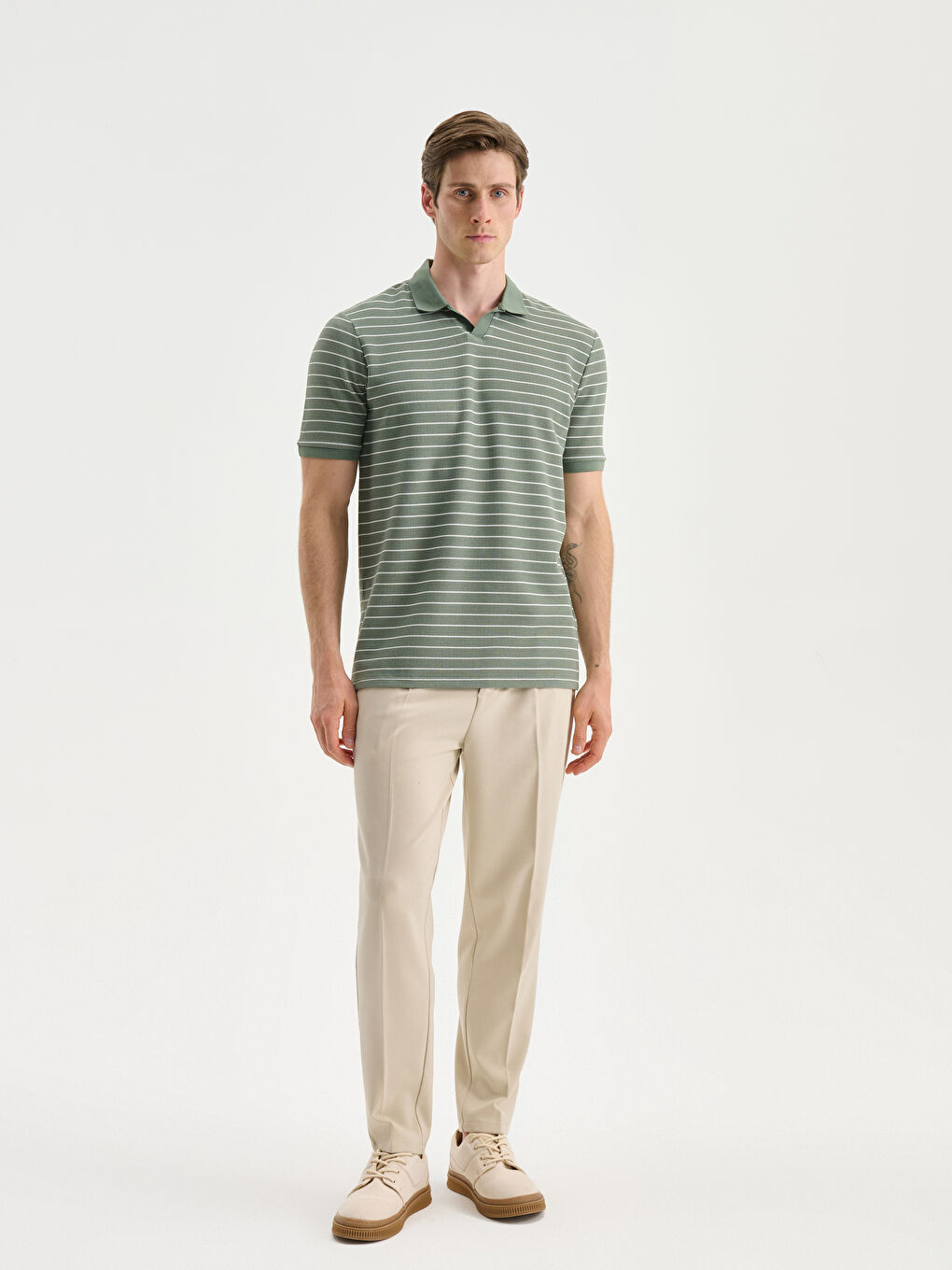 Yeşil Polo Yaka Çizgili Erkek Tişört-1