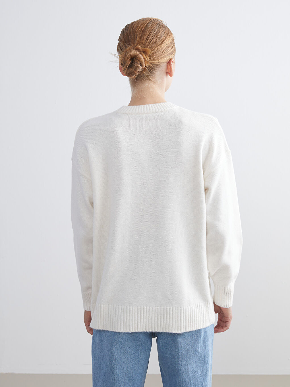 Ekru Bisiklet Yaka Çiçek Nakışlı Kadın Triko Tunik-3