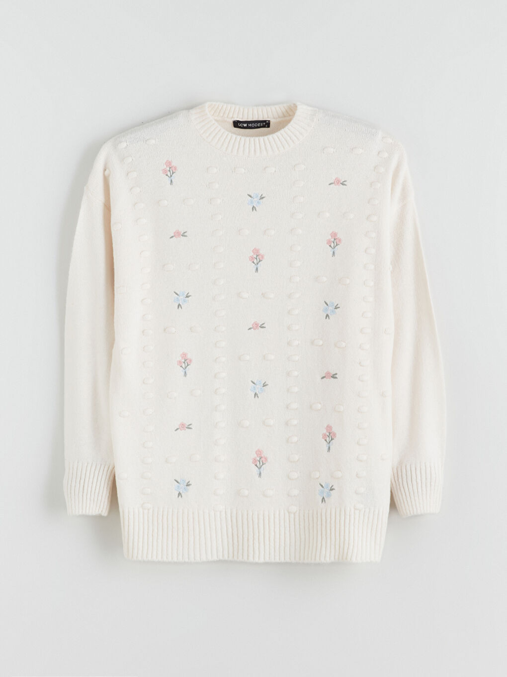 Ekru Bisiklet Yaka Çiçek Nakışlı Kadın Triko Tunik-4