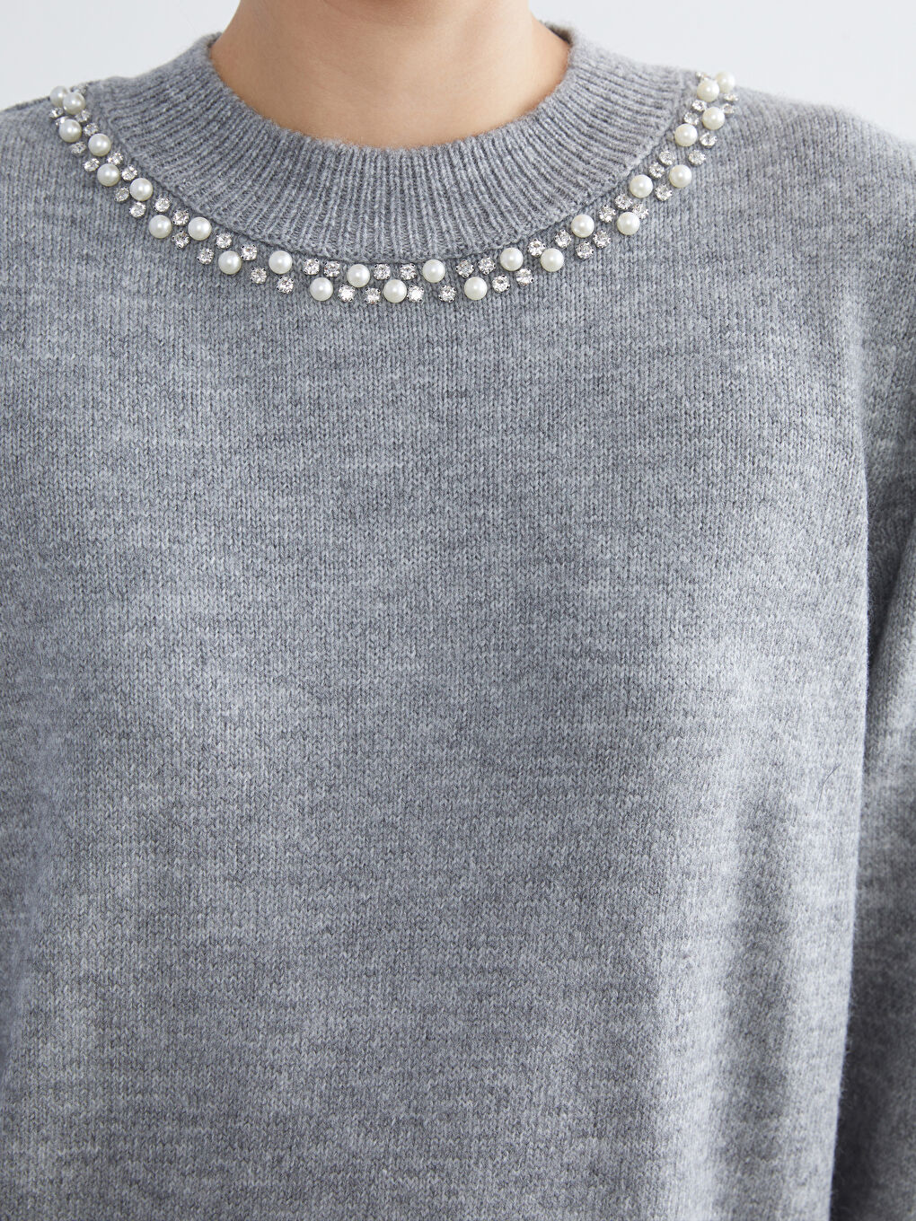 Antrasit Bisiklet Yaka Taşlı Kadın Triko Tunik-2