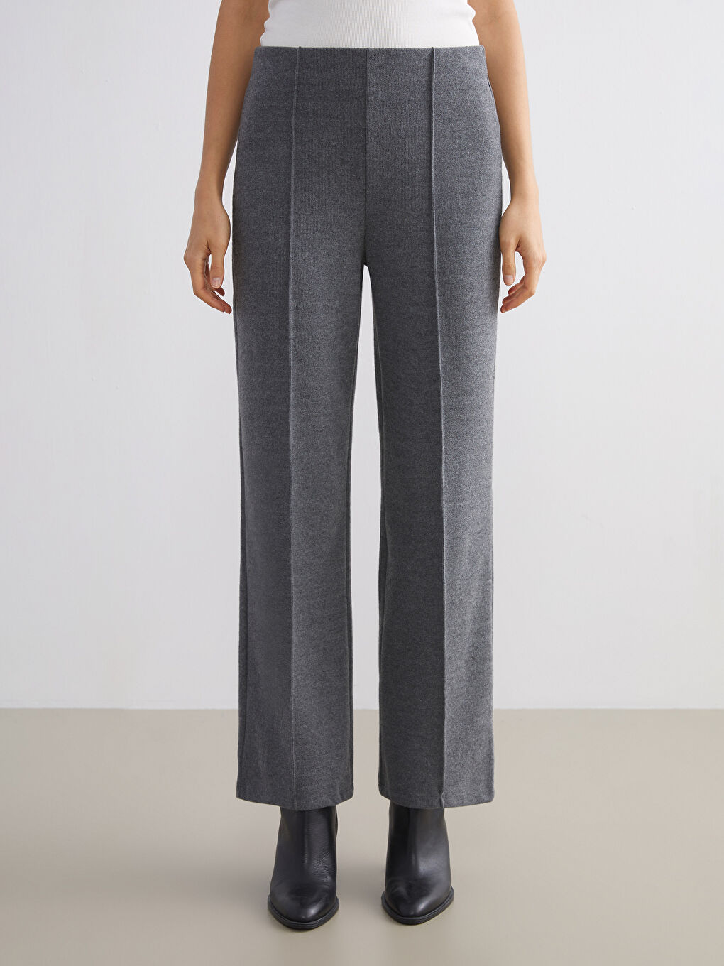 Antrasit Beli Lastikli Geniş Paça Kadın Pantolon-1