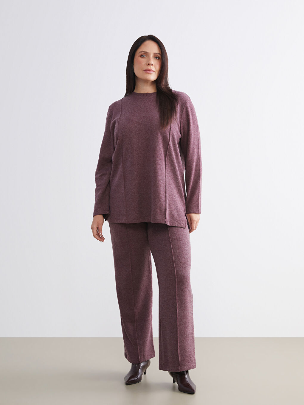 Bordo Beli Lastikli Geniş Paça Kadın Pantolon-1