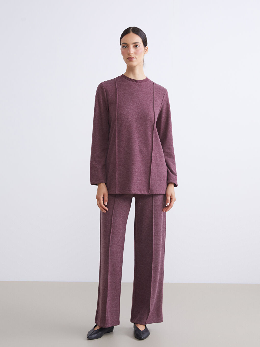 Bordo Beli Lastikli Geniş Paça Kadın Pantolon-2