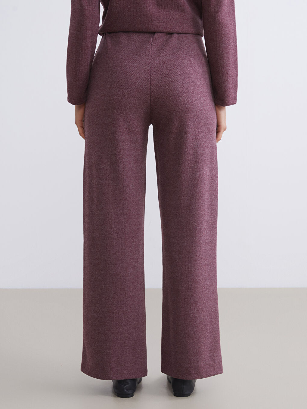 Bordo Beli Lastikli Geniş Paça Kadın Pantolon-5