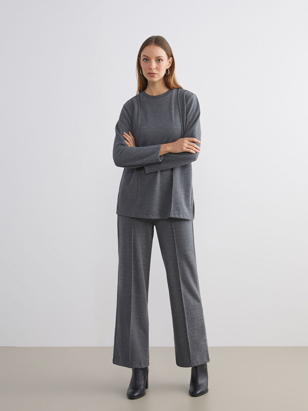 Antrasit Beli Lastikli Geniş Paça Kadın Pantolon