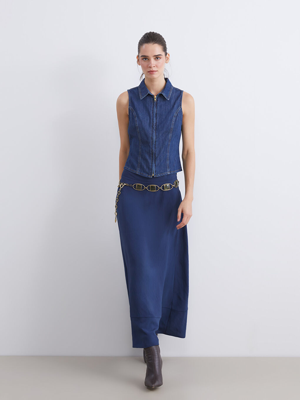 Lacivert Beli Fermuarlı Modal Karışımlı A Kesim Etek