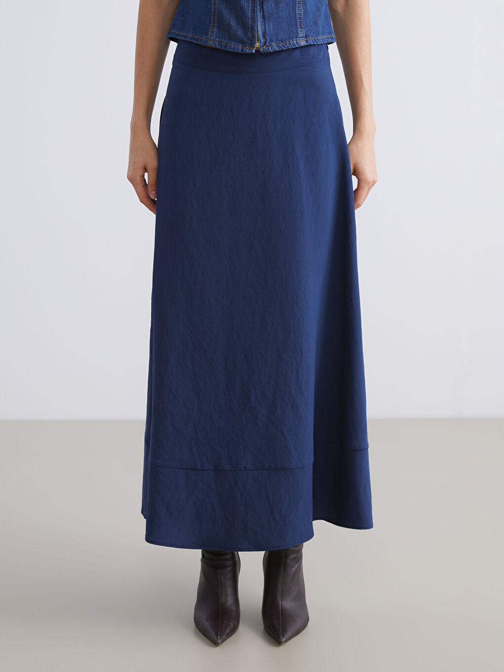 Lacivert Beli Fermuarlı Modal Karışımlı A Kesim Etek-1