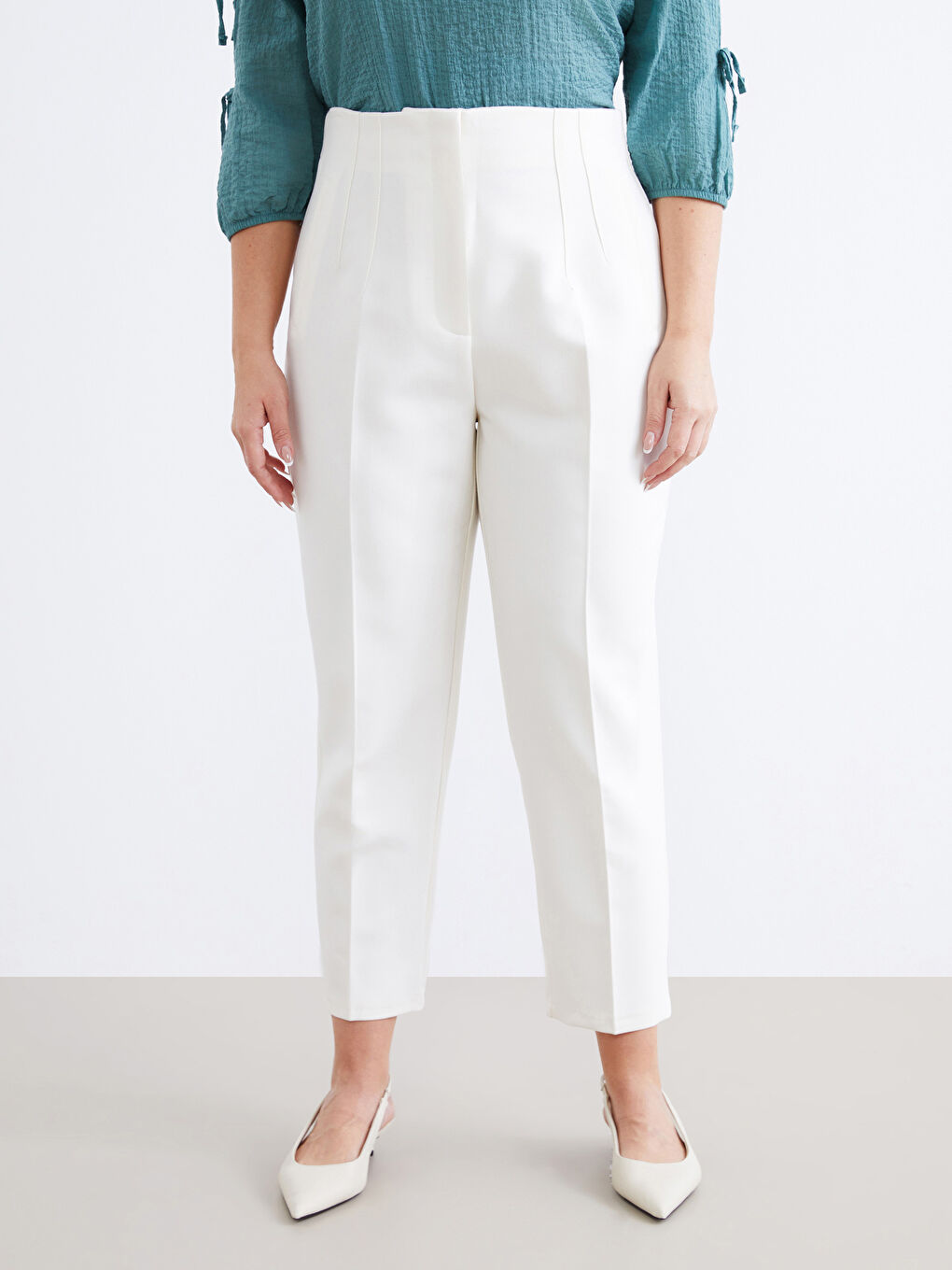Ekru Yüksek Bel Cigarette Kadın Pantolon-5