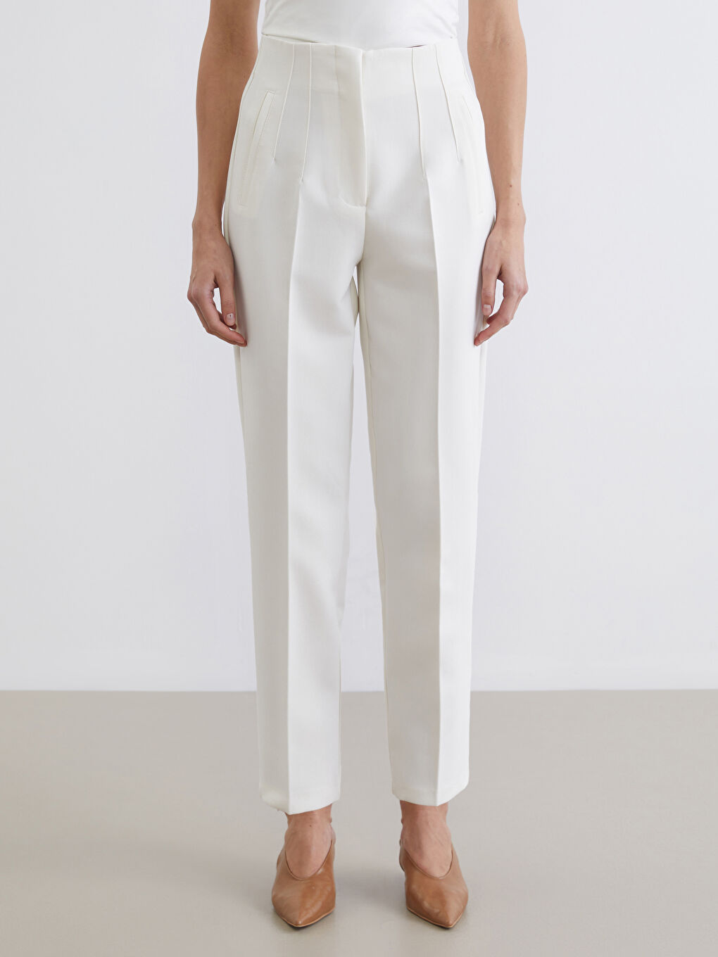 Ekru Yüksek Bel Cigarette Kadın Pantolon-2