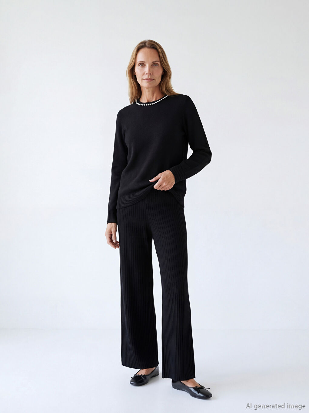 Siyah Beli Lastikli Geniş Paça Kadın Triko Pantolon