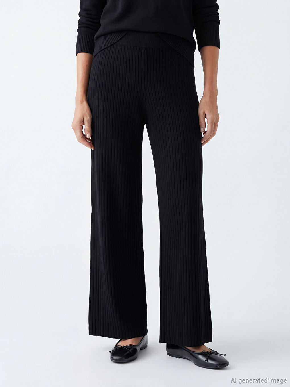 Siyah Beli Lastikli Geniş Paça Kadın Triko Pantolon-5