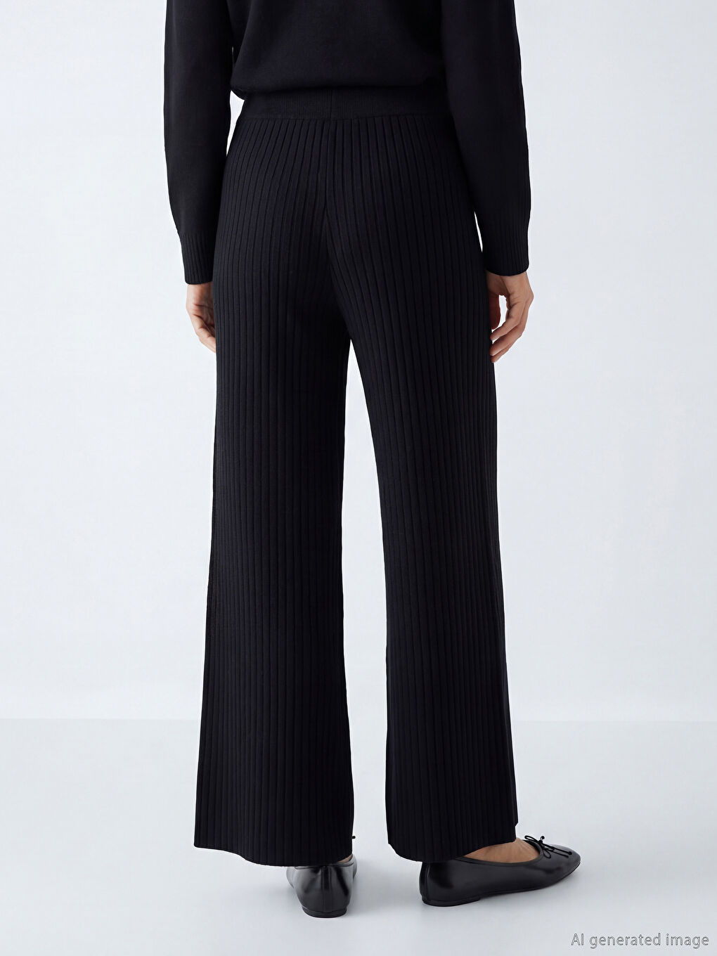 Siyah Beli Lastikli Geniş Paça Kadın Triko Pantolon-7