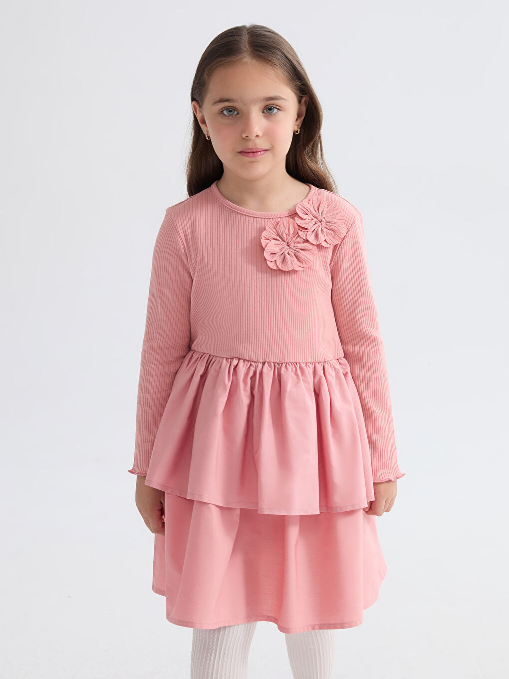 Pembe Bisiklet Yaka Çiçekli Kız Çocuk Elbise-1
