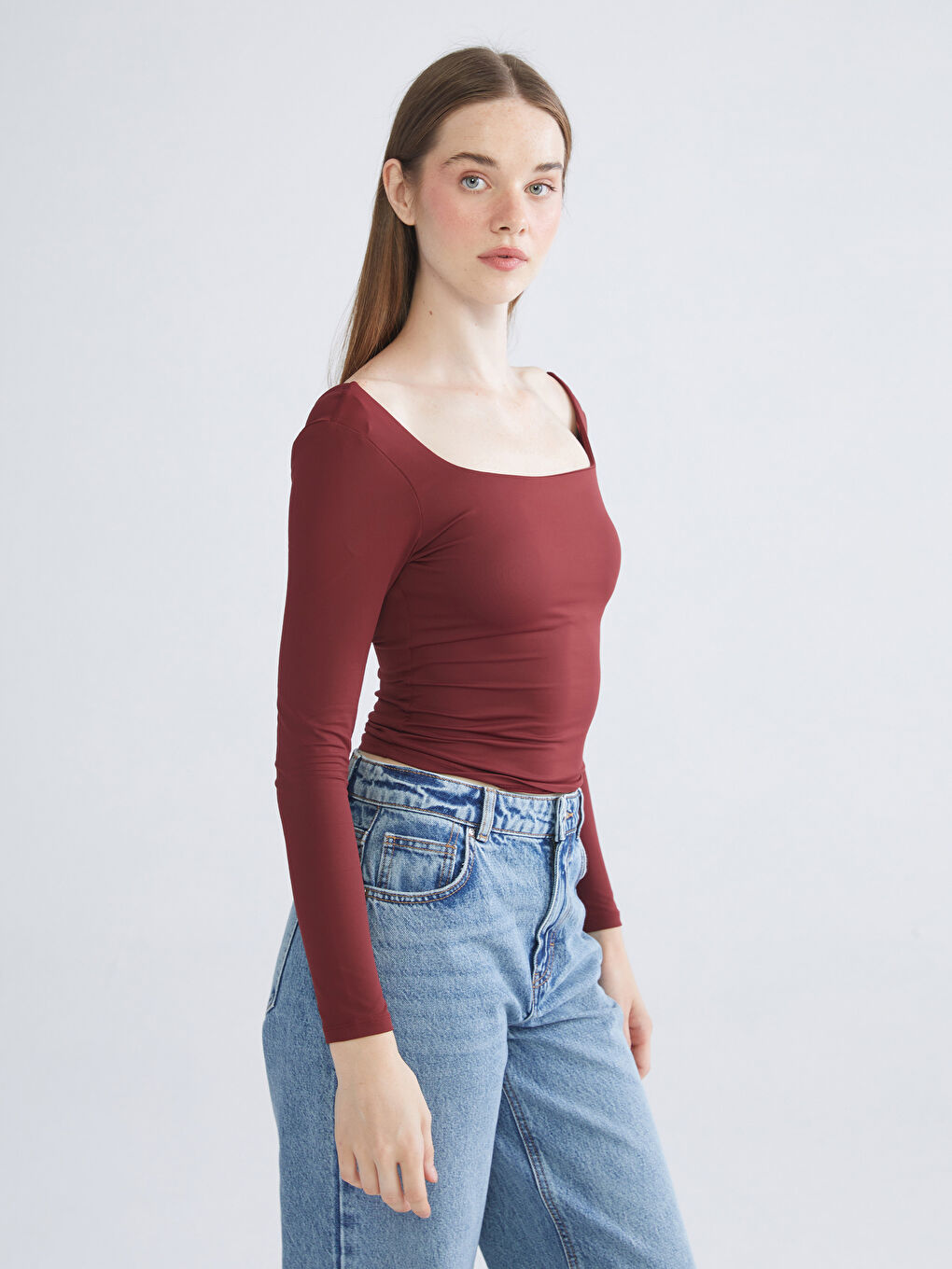 Bordo Kare Yaka Kadın Body-2