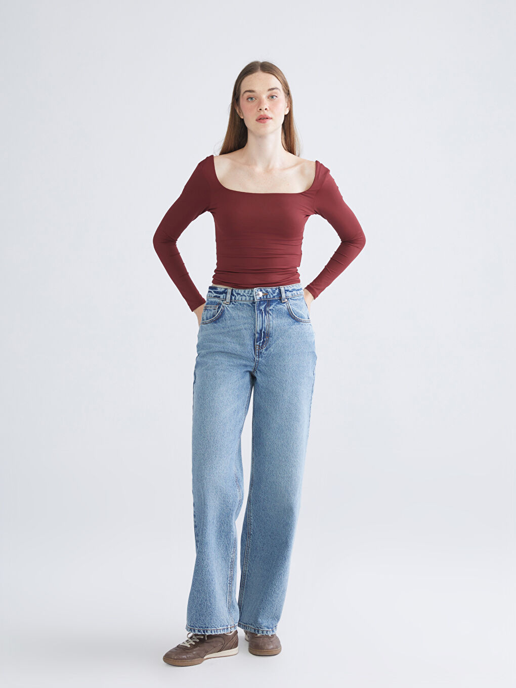 Bordo Kare Yaka Kadın Body-3