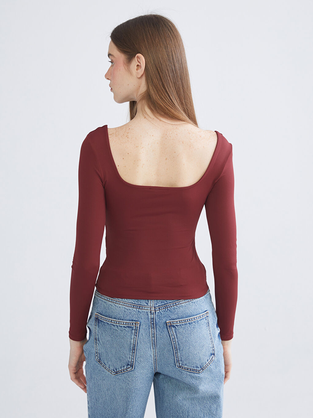 Bordo Kare Yaka Kadın Body-5