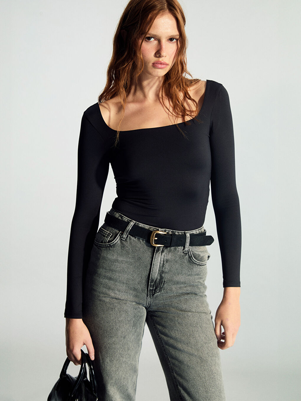 Siyah Kare Yaka Kadın Body-1