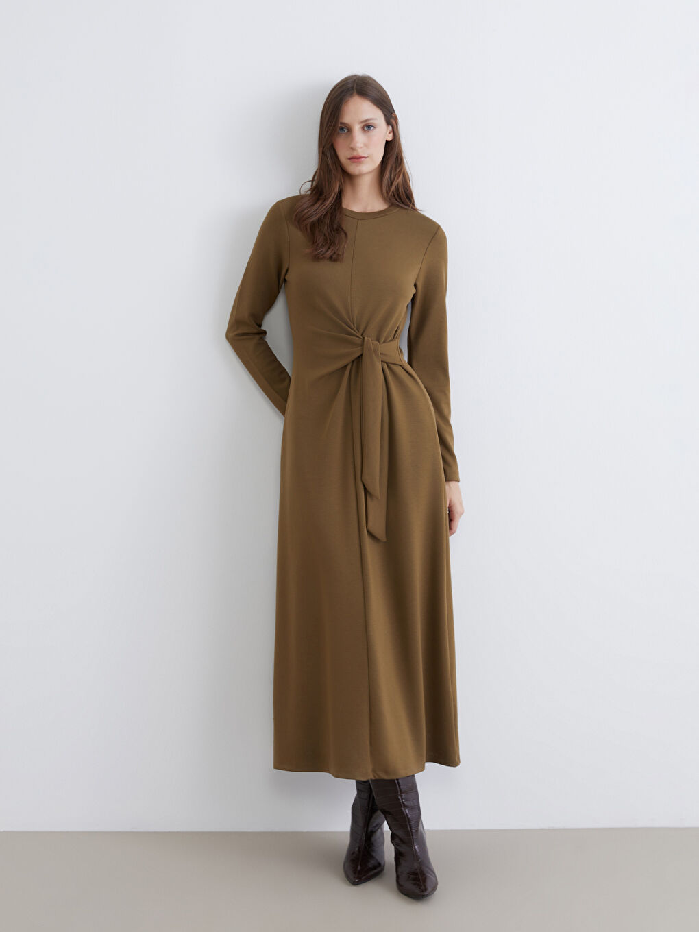 Yeşil Bisiklet Yaka Belden Oturtmalı Elbise