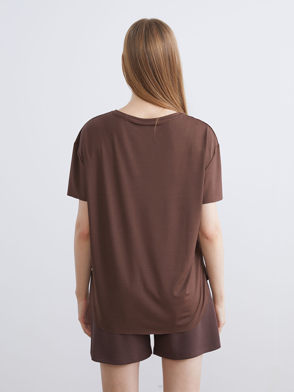 Kahverengi Bisiklet Yaka Kadın Spor Tişört-4