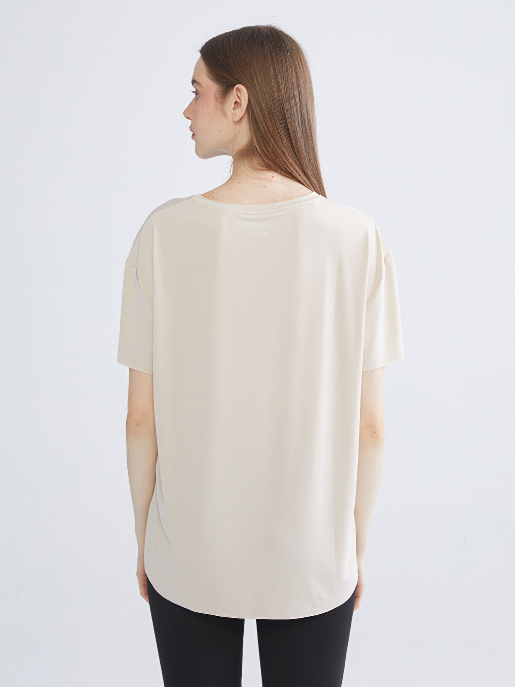 Bej Bisiklet Yaka Kadın Spor Tişört-3