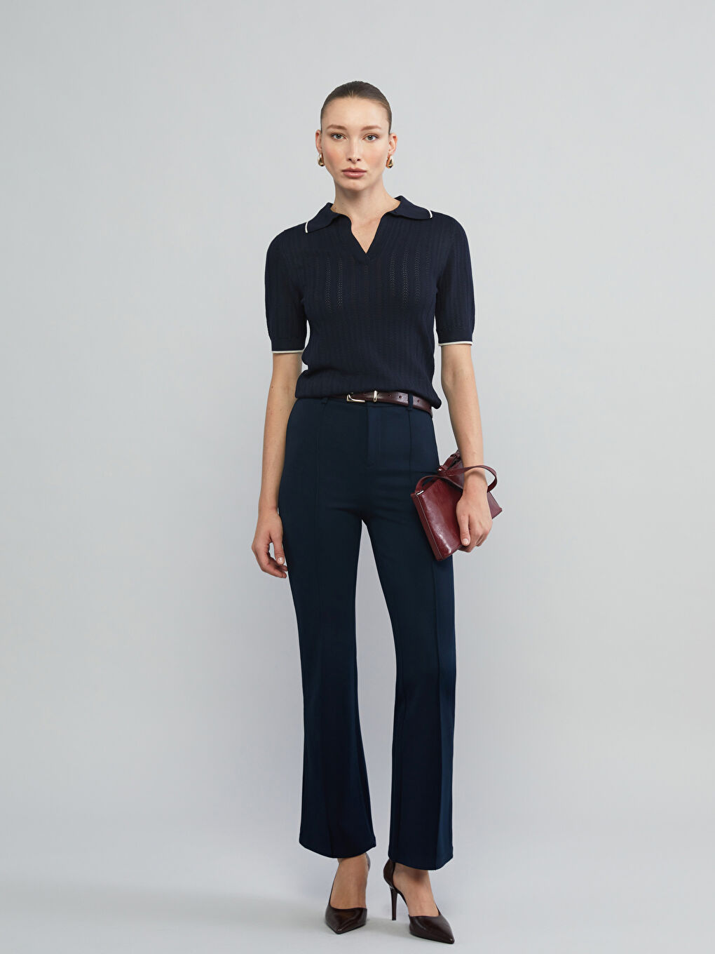 Polo Neck Patterned Women Knitwear Sweater-3