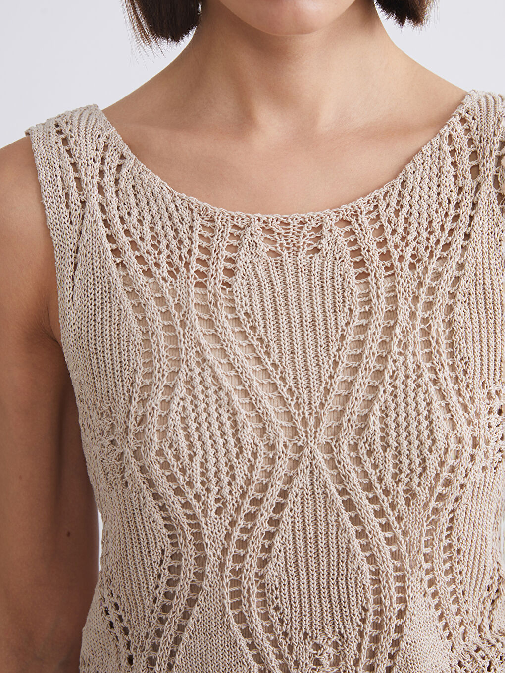 Bej Bisiklet Yaka Ajurlu Kadın Triko Atlet-2