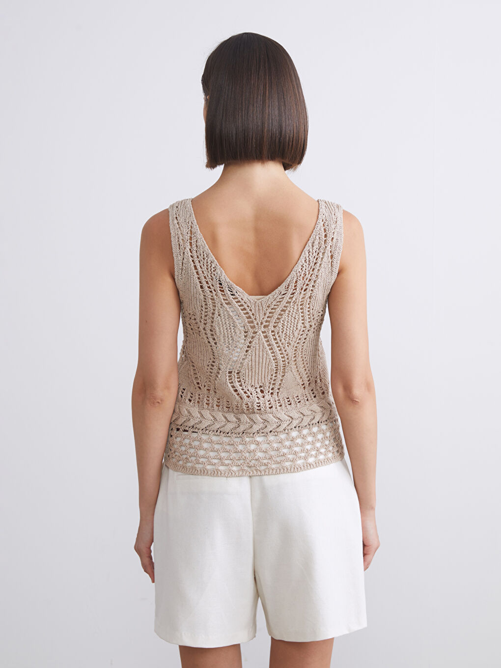 Bej Bisiklet Yaka Ajurlu Kadın Triko Atlet-3