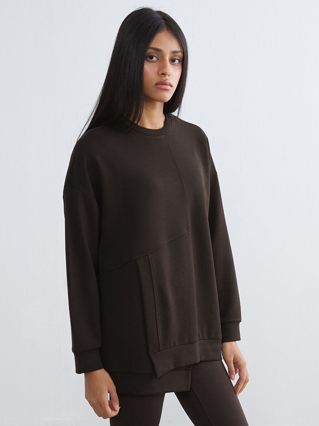 Kahverengi Bisiklet Yaka Soft Touch Kadın Spor Sweatshirt