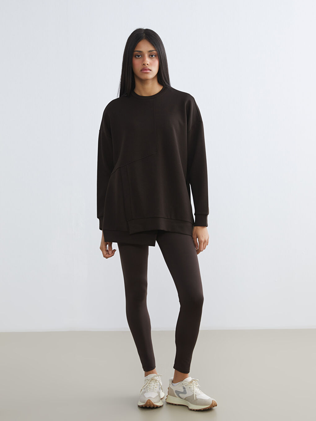 Kahverengi Bisiklet Yaka Soft Touch Kadın Spor Sweatshirt-1