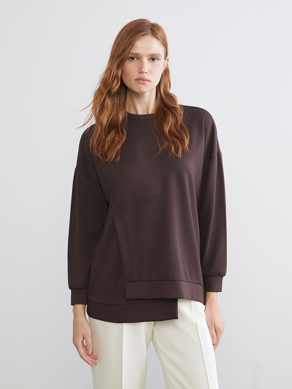 Kahverengi Bisiklet Yaka Soft Touch Kadın Spor Sweatshirt