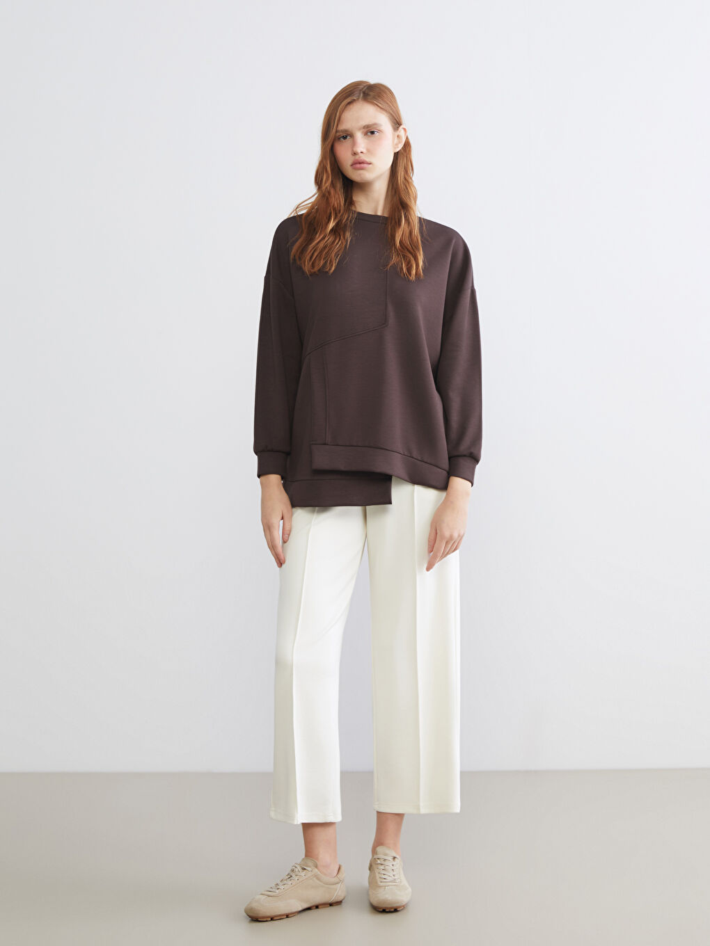 Kahverengi Bisiklet Yaka Soft Touch Kadın Spor Sweatshirt-1