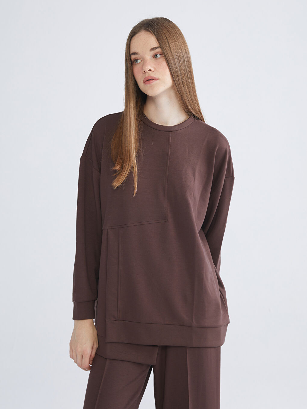 Kahverengi Bisiklet Yaka Soft Touch Kadın Spor Sweatshirt