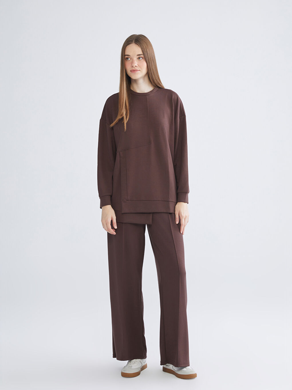 Kahverengi Bisiklet Yaka Soft Touch Kadın Spor Sweatshirt-1