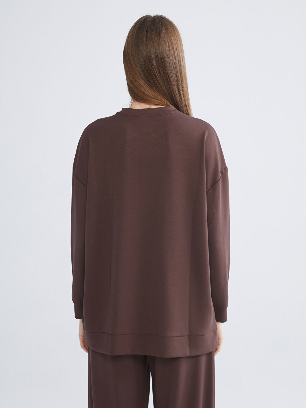 Kahverengi Bisiklet Yaka Soft Touch Kadın Spor Sweatshirt-3