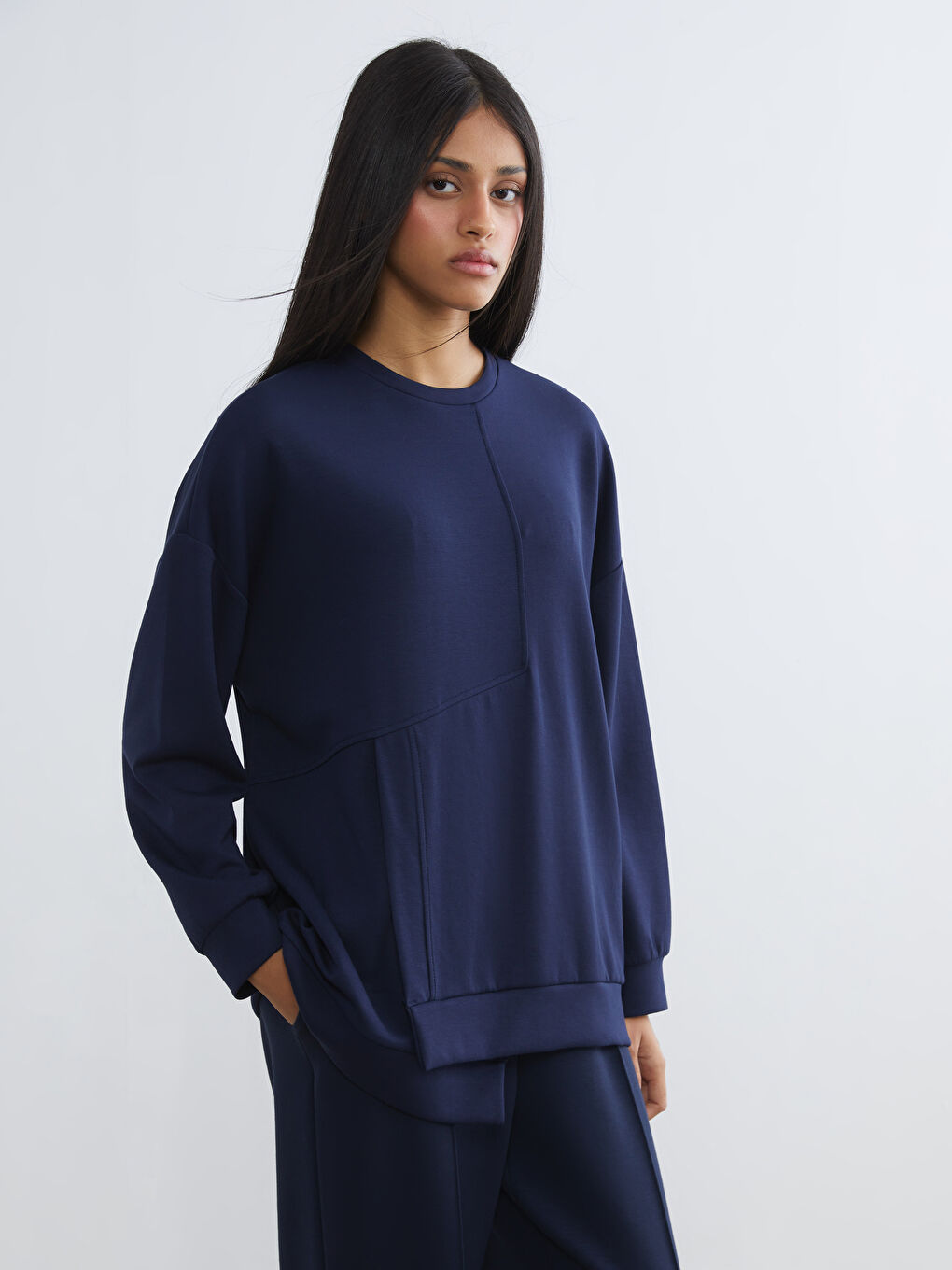 Lacivert Bisiklet Yaka Soft Touch Kadın Spor Sweatshirt