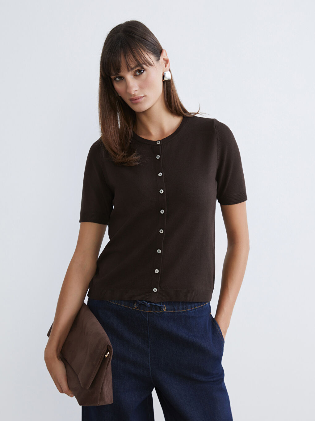 Kahverengi Bisiklet Yaka Kadın Triko Hırka