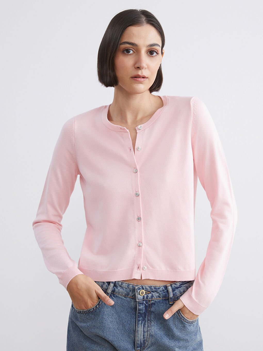 Pembe Bisiklet Yaka Kadın Triko Hırka